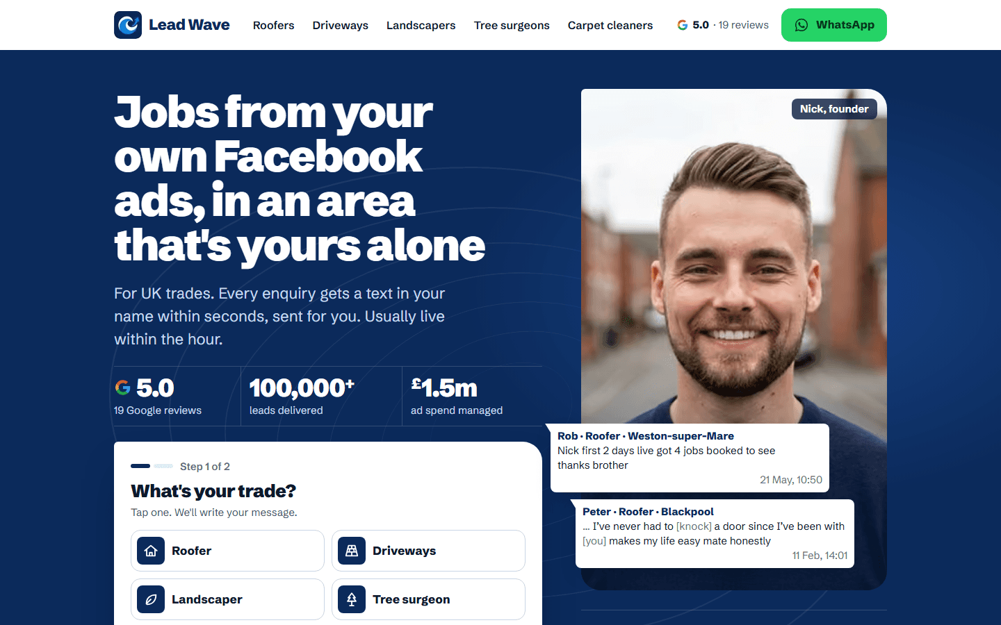 The Lead Wave home page on a laptop, with the headline, Google rating, results and trade picker