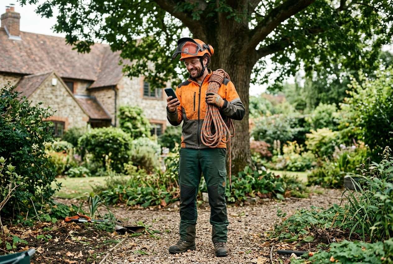 Illustration: a tree surgeon in safety gear reading a new enquiry